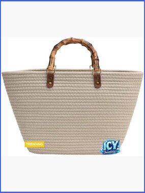 Woven Straw Tote Bag with Resin Bamboo Handles